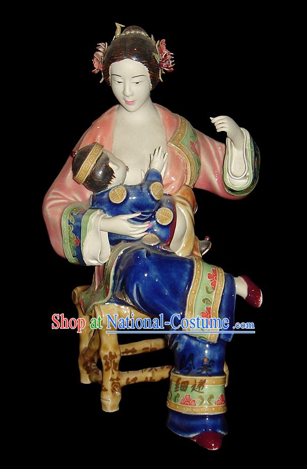 Chinese Stunning Colourful Porcelain Collectibles-Ancient Woman Feeding Bady