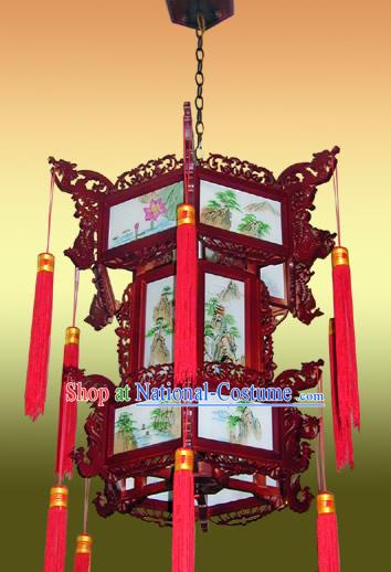 Large Chinese Hand Made and Painted Landscape Two Layers Palace Lantern