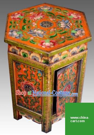 Chinese Palace Yellow Coloured Painting Storage Cabinet and Stool