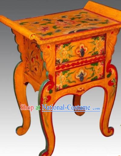 Chinese Coloured Painting Double Drawers Phone Table