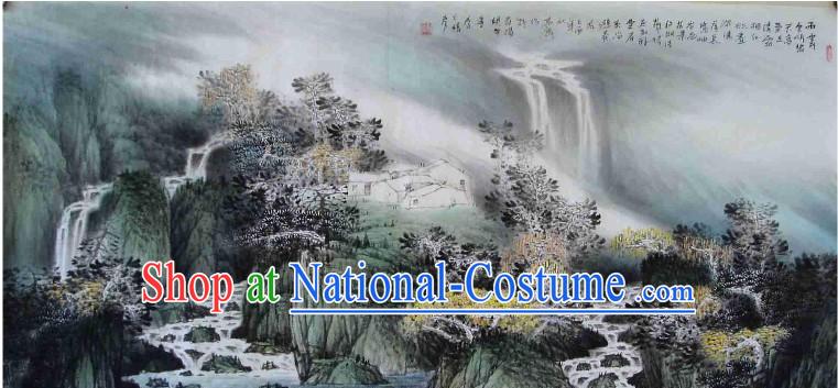 Large Traditional Chinese Painting by Mo Gaoquan-Rainy Waterfall