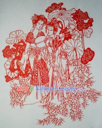 Chinese Paper Cuts Classics-Beautiful Ancient Women Besides Lotus