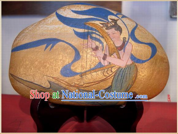 Chinese Dunhuang Hand Painted Cobblestone Mural Art-Playing Harp