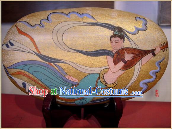 Chinese Dunhuang Hand Painted Cobblestone Mural Art-Playing Lute