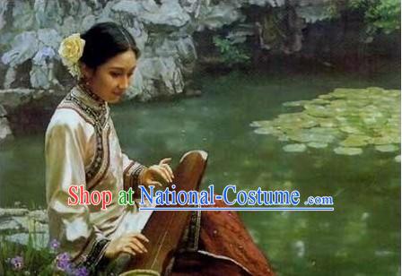 Chinese Oil Painting-Ancient Woman Playing Koto