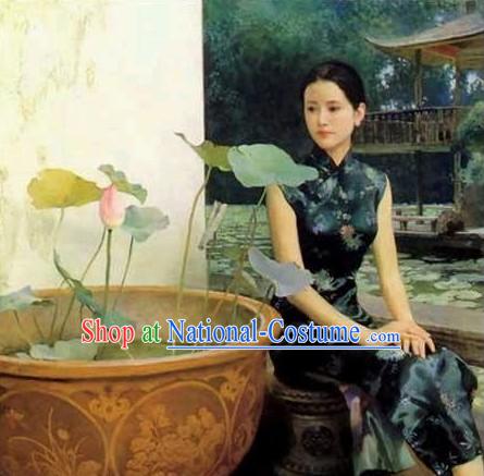 Chinese Oil Painting-Woman Besides Lotus