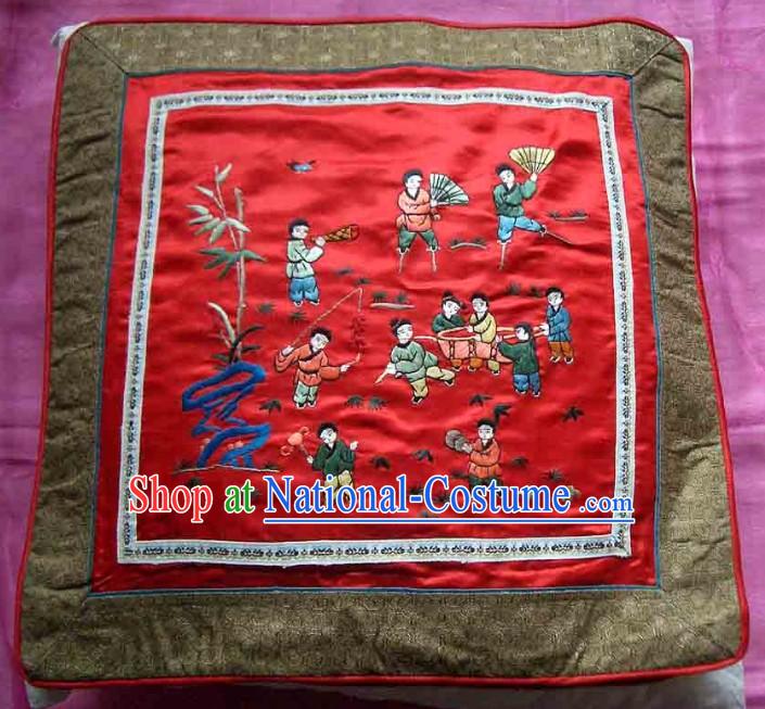 Chinese Hand Embroidered Silk Cushion-The More Sons, The More Blessings