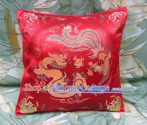 Chinese Lucky Red Dragon and Phoenix Cushion Covering