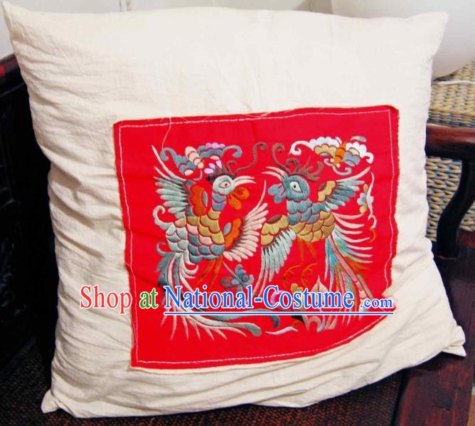 Chinese Lucky Red Phoenix Pair Silk Cushion