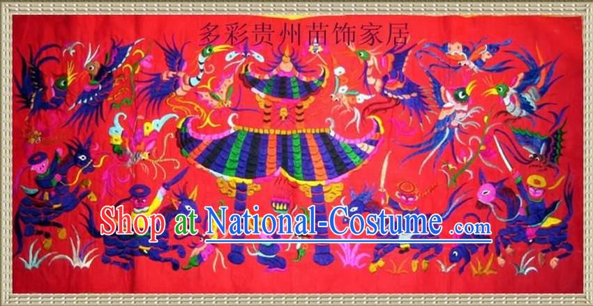 Chinese Large Miao Minority Silk Thread Hand Embroidery Art-Temple Fair