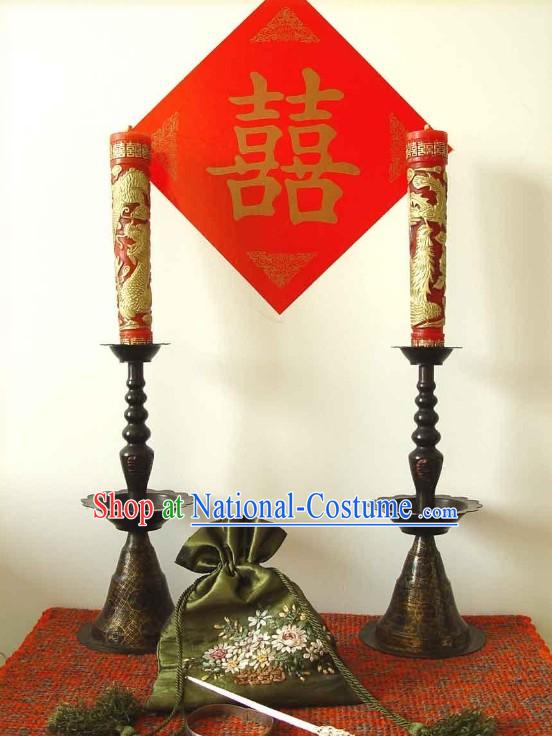 Chinese Wedding Copper Candlestick and Dragon Phoenix Candles