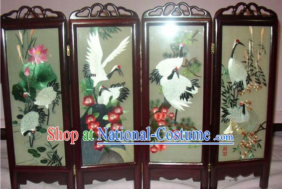 Chinese Double-Sided Embroidery Folding Screen Handicraft-Cranes