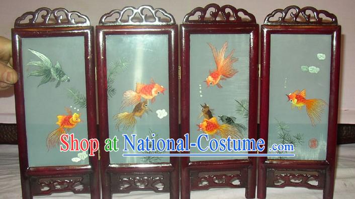 Chinese Embroidery Folding Screen Handicraft-Goldfishes