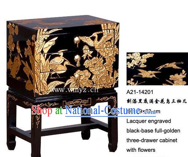 Lacquer Engraved Black-base Full-golden Three-drawer Cabinet with Flowers