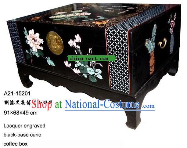 Chinese Lacquer Engraved Black-base Curio Coffee Table