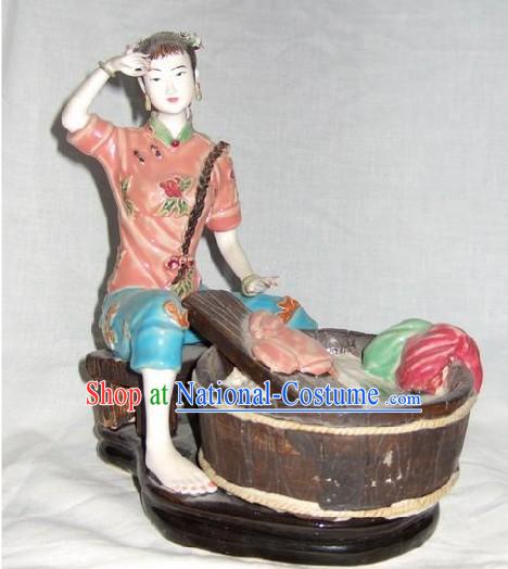 Chinese Classical Shiwan Statue - Ancient Lady Washing Clothes