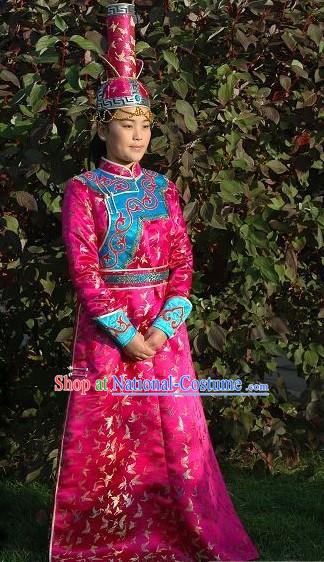 Chinese Traditional Mongolian Long Robe and High Hat Complete Set for Women