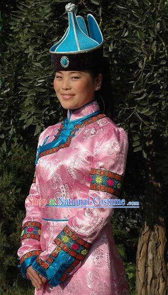 Chinese Traditional Handmade Mongolian Long Robe and Hat Complete Set _pink_