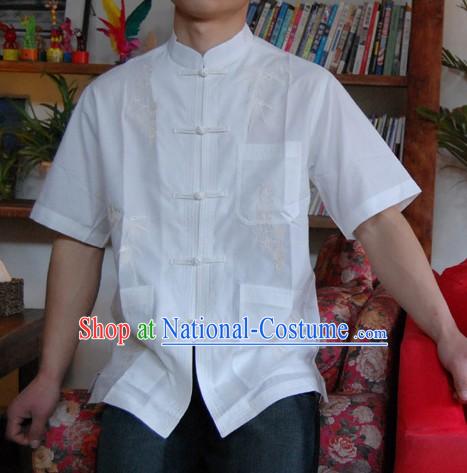 Chinese Mandarin Style Short Handed White Flax Bamboo Shirt