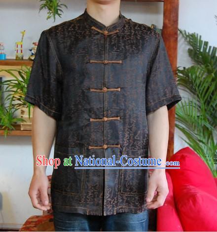 Chinese Mandarin Style Short Handed Flax Calligraphy and Painting Shirt