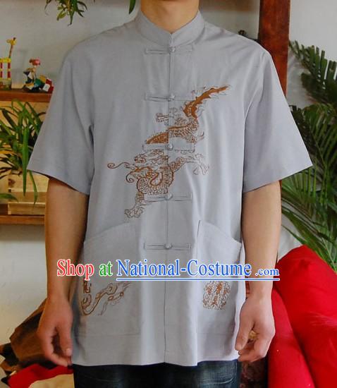 Chinese Classical Mandarin Style Short Handed Flax Dragon Shirt