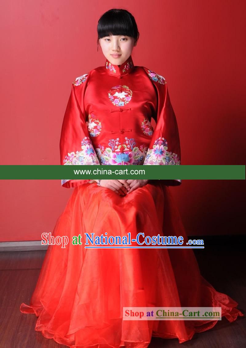 Supreme Chinese Traditional Hand Embroidered Lucky Red Wedding Costumes for Bride