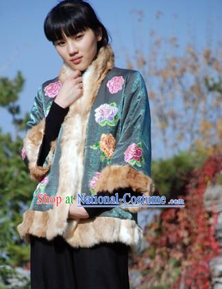 Chinese Traditional Mandarin Handmade Rabbit Fur Long Peony Blouse