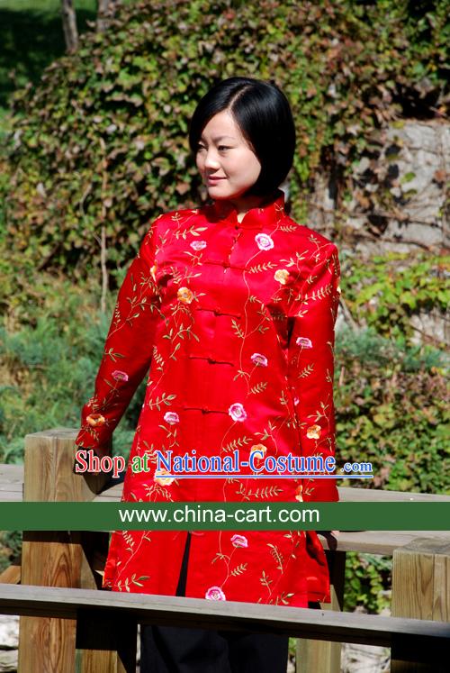 Chinese Traditional Lucky Red Handmade Flowery Blouse