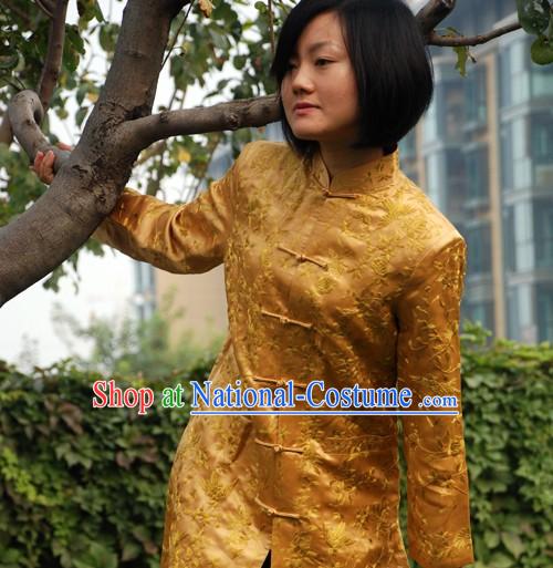 Chinese Stunning Handmade and Embroidered Gold  Floral Long Silk Overcoat for Women