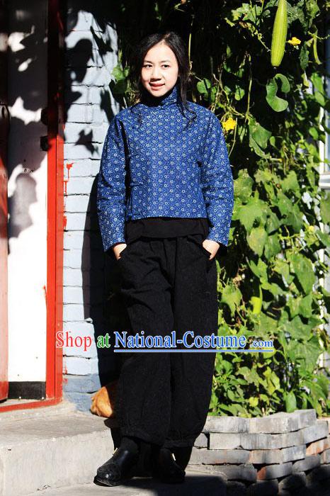 Chinese Traditional Blue Folk Cotton Blouse for Women