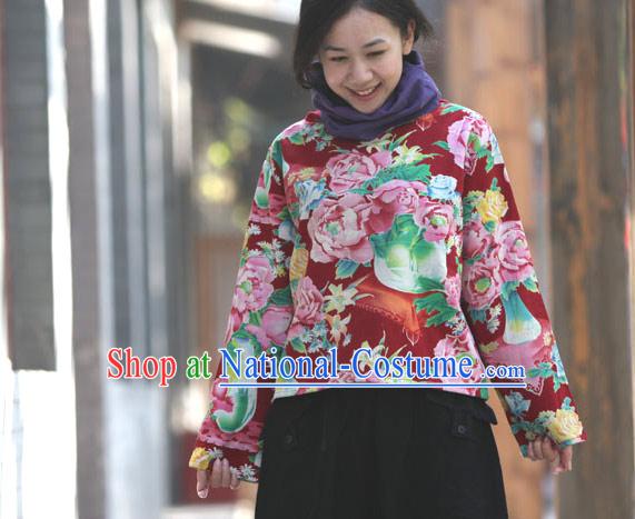 Chinese Traditional Folk Cotton Peony Blouse for Women