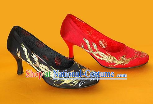 Chinese Classical Handmade and Embroidered Dragon and Phoenix High Heel Wedding Shoes