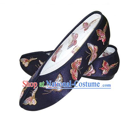 Chinese Traditional Handmade Embroidered Butterfly Satin Shoes _blue_