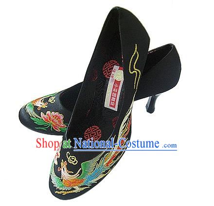 Chinese Classical Handmade and Embroidered Dragon and Phoenix High Heel Shoes