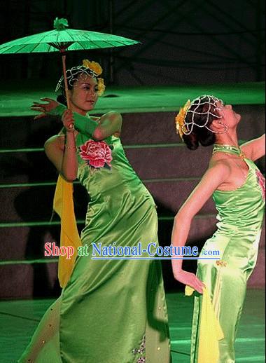 Chinese Traditional Green Peony Cheongsam Dance Costumes Complete Set