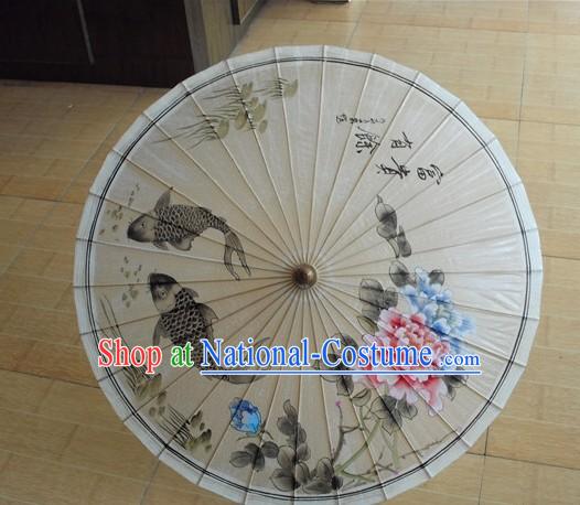 Traditional Chinese Hand Painting Beach, Rain and Sun Umbrella - Fish and Peony