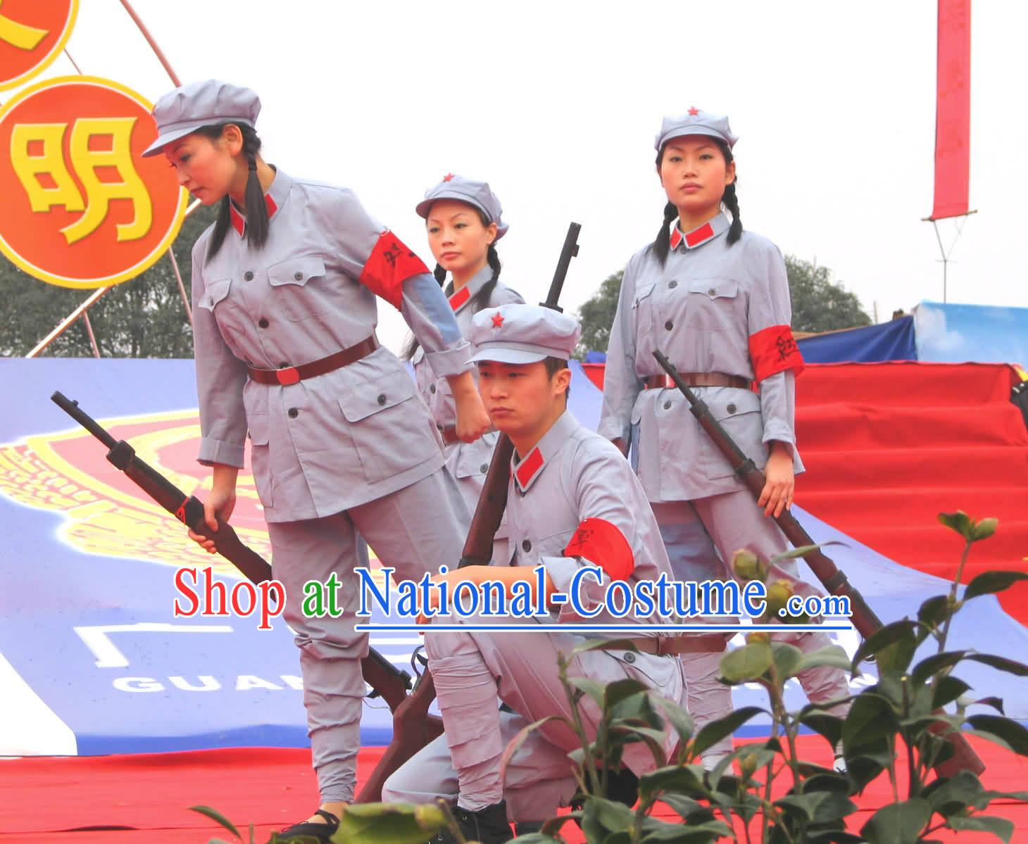 Chinese Red Army Dance Costumes and Hat Complete Set