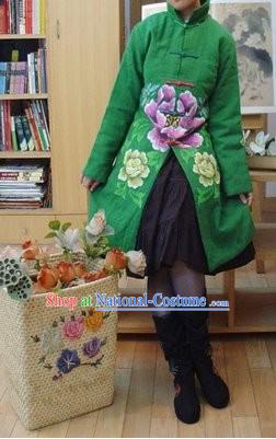 Chinese Classic Mandarin Green Large Flower Winter Outercoat