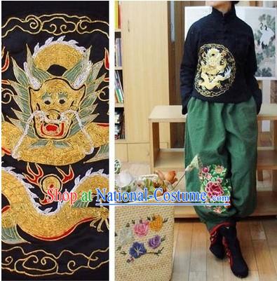 Supreme Chinese Black Hands Embroidered Dragon Cotton Blouse