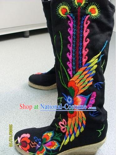 Chinese Classic Handmade and Embroidered Phoenix Long Boots