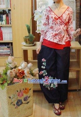 Chinese Classic Embroidered Large Peony Cotton and Flax Trousers