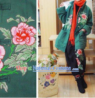 Chinese Classic Handmade Long Cotton Peony Warm Winter Overcoat