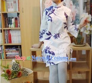 Chinese Traditional Mandarin Collar Long Cotton Blouse