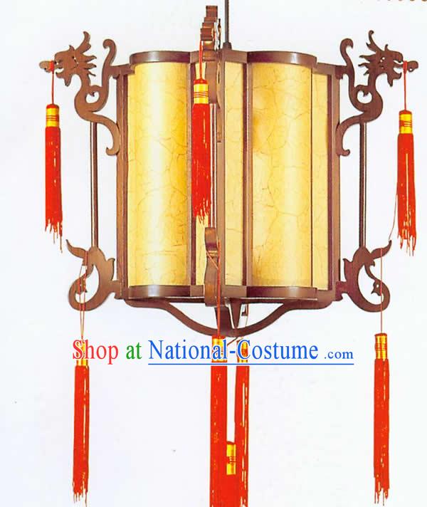 Chinese Hand Made Carved Wooden Plain Double Dragons Ceiling Lantern