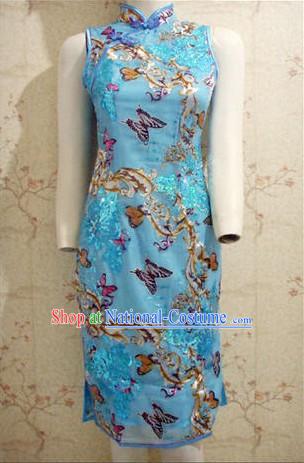 Chinese Stunning Blue Butterfuly Silk Cheongsam _Qipao_