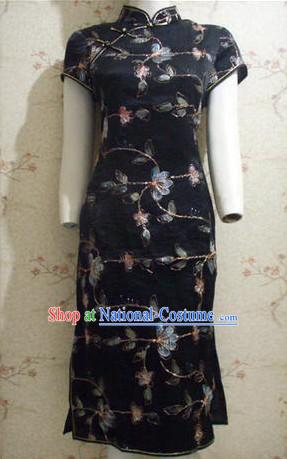 Chinese Stunning Elegant Flower Silk Cheongsam _Qipao_