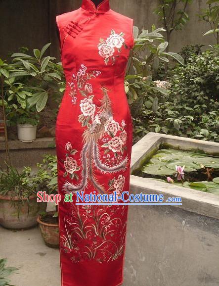 Chinese All Hand Embroidery Phoenix Long Silk Cheongsam _Qipao_