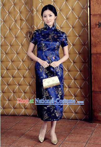 Chinese Classical Blue Phoenix and Dragon Pattern Cheongsam _Qipao_