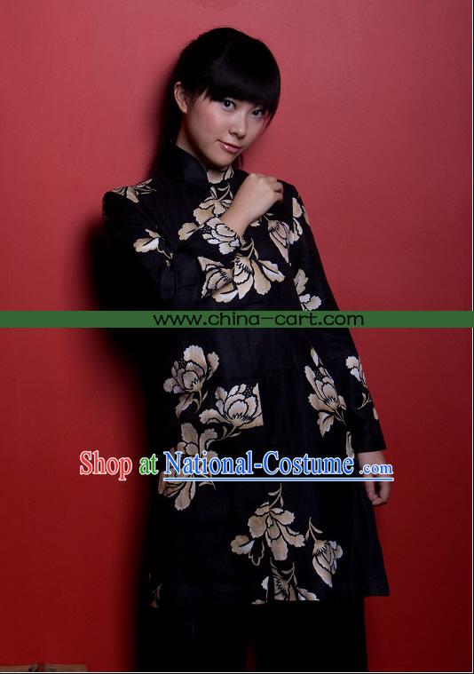 Chinese Cool Mandarin Chrysanthemum Pattern Black Flax Blouse