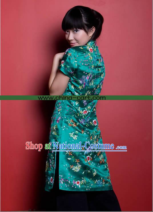 Traditional Chinese Stunning Hand Embroidered Flower Garment _green_